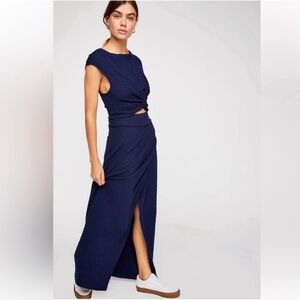 Free People Navy Blue Twist Crop Top & Skirt Set